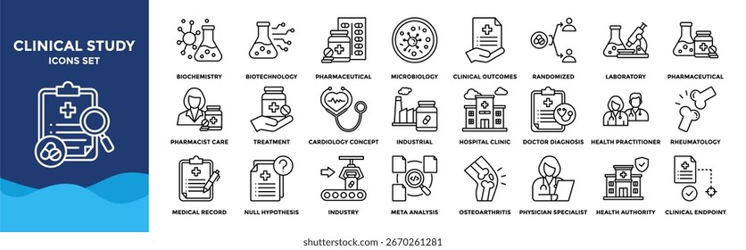 Clinical Study icon collection set. Containing design Biochemistry, Biotechnology, Pharmaceutical, Microbiology, Clinical Outcomes