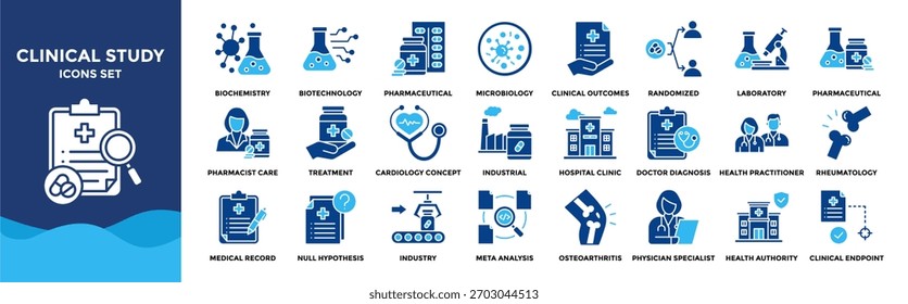 Conjunto de coleta de ícones de Estudo Clínico. Contendo design Bioquímica, Biotecnologia, Farmacêutica, Microbiologia, Resultados Clínicos	