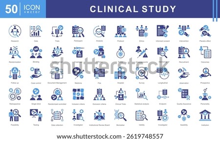 Clinical study icon collection set. Containing adverse event, baseline, double blind, blinding, case report form, endpoint, clinical trial icon.