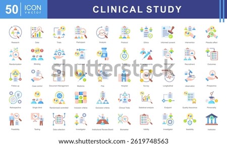 Clinical study icon collection set. Containing adverse event, baseline, double blind, blinding, case report form, endpoint, clinical trial icon.