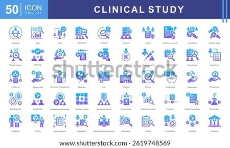 Clinical study icon collection set. Containing adverse event, baseline, double blind, blinding, case report form, endpoint, clinical trial icon.
