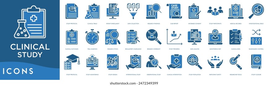 Clinical Study icon line. Study Protocol, Clinical Trials, Patient Enrollment, Data Collection, Research Findings, Case Report, Informed Consent, Study Participants, Medical Record