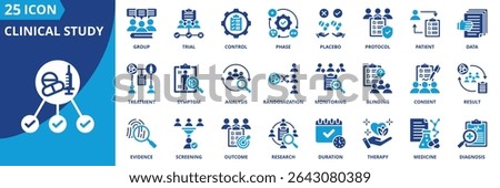 clinical study icon set collection in dual tone style. an icon pack contain trial, patient, placebo, control, protocol, data, dosage, group, phase, result