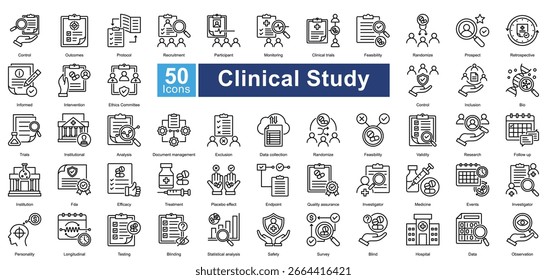 Clinical Study icon set containing 50 icons including, control, outcomes, protocol, recruitment, participant, monitoring, clinical trials, feasibility, randomize, prospect, simple vectors.