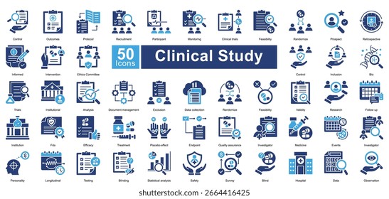 Klinische Studie Icon-Set mit 50 Icons einschließlich, Kontrolle, Ergebnisse, Protokoll, Rekrutierung, Teilnehmer, Überwachung, klinische Studien, Machbarkeit, randomisieren, Prospekt, einfache Vektoren.