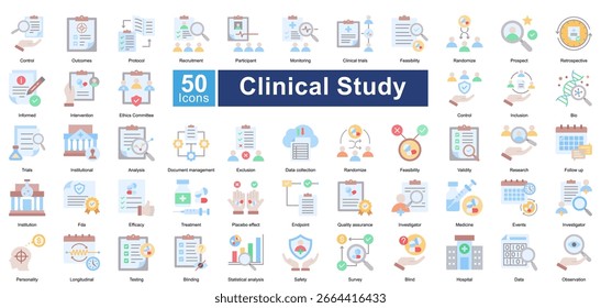 Klinische Studie Icon-Set mit 50 Icons einschließlich, Kontrolle, Ergebnisse, Protokoll, Rekrutierung, Teilnehmer, Überwachung, klinische Studien, Machbarkeit, randomisieren, Prospekt, einfache Vektoren.