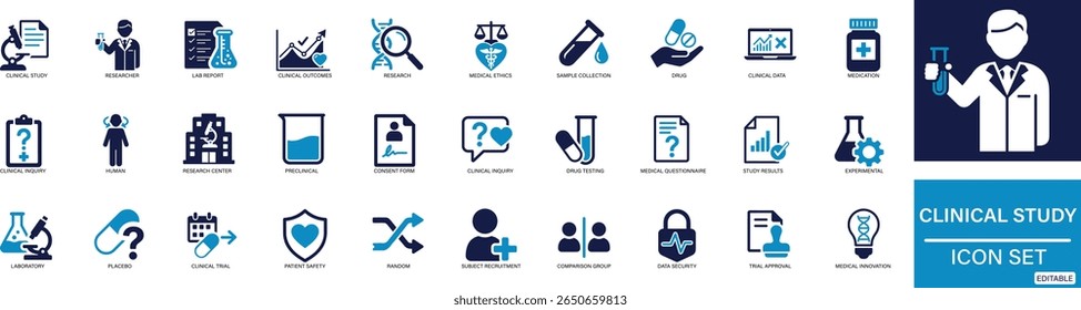 Conjunto de Ícones de Estudo Clínico Ícones vetoriais planos que representam pesquisa médica, ensaios clínicos, ética, análise de dados, Ideal para cuidados de saúde, uso farmacêutico e científico. Ícones personalizáveis