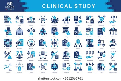 The Clinical Study icon set highlights essential elements of scientific trials and medical research.ideal for illustrating protocols, data validation, risk evaluation, and regulatory compliance.