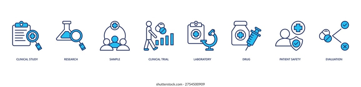 Clinical Study Icon Set. Icon set includes Clinical Study, Research, Sample, Clinical Trial, Laboratory, Drug, Patient Safety, Evaluation.