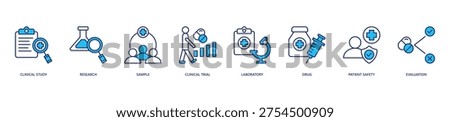 Clinical Study Icon Set. Icon set includes Clinical Study, Research, Sample, Clinical Trial, Laboratory, Drug, Patient Safety, Evaluation.