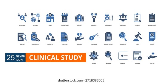 conjunto de ícones de estudo clínico com recrutamento, resultados, clínica, ensaios clínicos, hospital, viabilidade, amostra de dados, participante, clínico, relatório médico, análise, efeito placebo,
acompanhamento, estudo de caso, tratamento, enema de pera, história médica, observação, ensaios,
resultado, teste, pesquisa, parâmetro, avaliação, primeiros socorros
