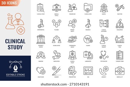 Conjunto de ícones de Estudos Clínicos. Pesquisa, ensaio clínico, laboratório, pesquisador, formulário de consentimento, medicação, experimental, análise, dados clínicos e muito mais. Ilustração vetorial