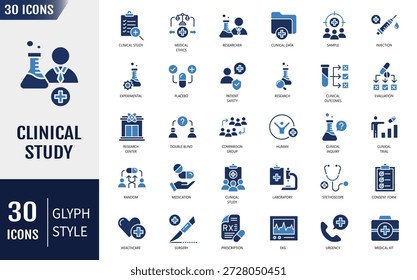 Conjunto de iconos de estudio clínico. Investigación, Prueba clínica, laboratorio, investigador, formulario de consentimiento, medicación, experimental, análisis, datos clínicos y más. Ilustración vectorial
