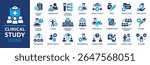 Clinical Study icon set. Clinical trial, laboratory, researcher, consent form, medication, experimental, clinical data and more. Solid vector icons collection.