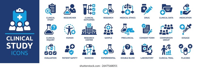 Conjunto de ícones de Estudos Clínicos. Ensaio clínico, laboratório, pesquisador, formulário de consentimento, medicação, experimental, dados clínicos e muito mais. Coleção de ícones de vetor sólido.