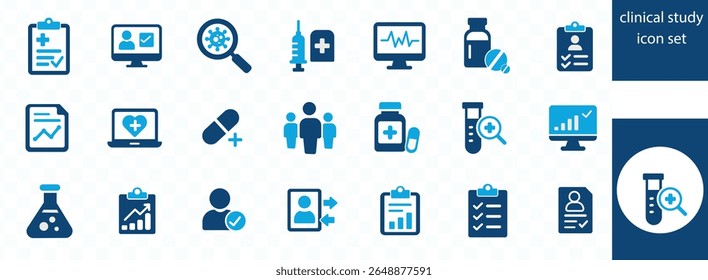 Clinical Study icon set. Clinical trial, laboratory, researcher, consent form, medication, experimental, clinical data and more