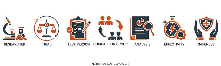 Clinical study icon set. Vector illustration concept with an icon of researcher, trial, test person, comparison group, analysis, effectivity, and safeness icons. Solid color vector symbol background