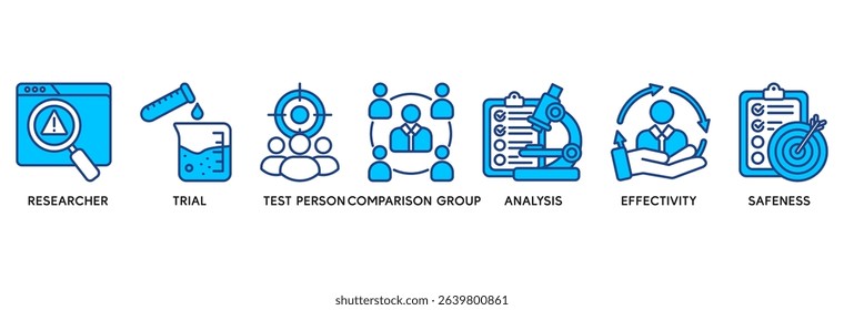 Clinical study icon set vector illustration concept relate to clinical trial research with an icon of researcher, trial, test person, comparison group, analysis, effectivity, and safeness