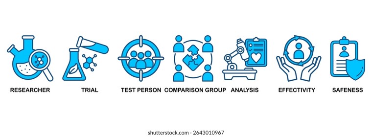 Clinical study icon set vector illustration concept for clinical trial research with an icon of researcher, trial, test person, comparison group, analysis, effectivity, and safeness