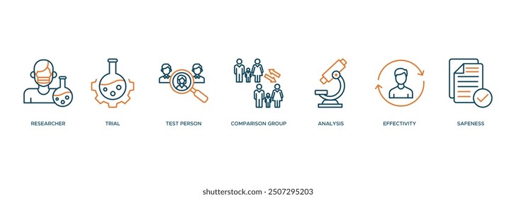 Clinical study icon vector illustration banner web concept of researcher, trial, test person, comparison group, analysis, effectivity, and safeness