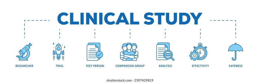 Estudio clínico proceso de flujo de íconos infográficos que consiste en investigador, prueba, persona, grupo de comparación, análisis, efectividad e icono de seguridad en directo y fácil de editar