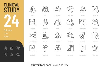 Clinical Study Line Editable Icons set. Vector illustration in modern thin line style of medicine related icons: patient, placebo effect, research results, and more. Isolated on transparent background