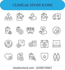 Conjunto de ícones editáveis da linha do estudo clínico. Ilustração vetorial no estilo de linha fina moderna de ícones relacionados com medicina