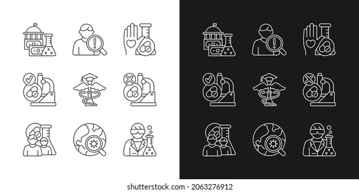 Clinical study linear icons set for dark and light mode. Evaluating new drugs and treatments. Government funding. Customizable thin line symbols. Isolated vector outline illustrations. Editable stroke