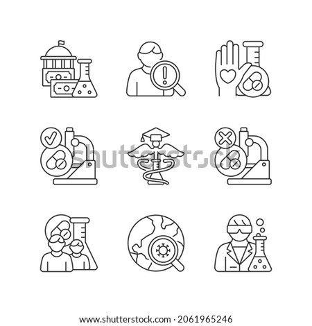 Clinical study linear icons set. Evaluating new drugs and treatments. Government funding. MAMS trials. Customizable thin line contour symbols. Isolated vector outline illustrations. Editable stroke
