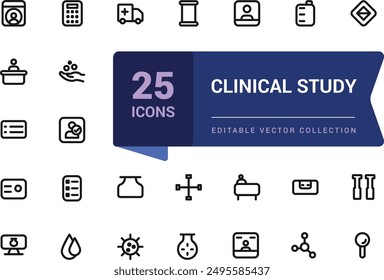 Clinical study and research line icon set. Collection and pack of linear web and ui icons. Editable stroke. Vector illustration.