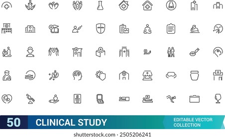 Clinical study and research line icon set. Collection and pack of linear web and ui icons. Editable stroke. Vector illustration.