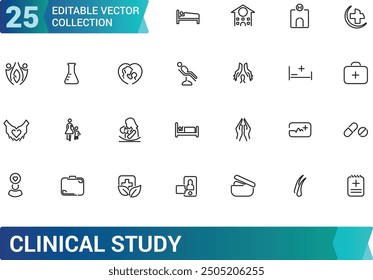 Clinical study and research line icon set. Collection and pack of linear web and ui icons. Editable stroke. Vector illustration.