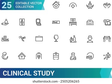 Conjunto de iconos de líneas de estudio clínico e investigación. Colección y paquete de iconos lineales de Web y UI. Trazo editable. Ilustración vectorial.