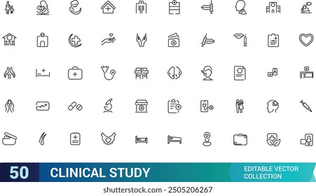 Conjunto de iconos de líneas de estudio clínico e investigación. Colección y paquete de iconos lineales de Web y UI. Trazo editable. Ilustración vectorial.
