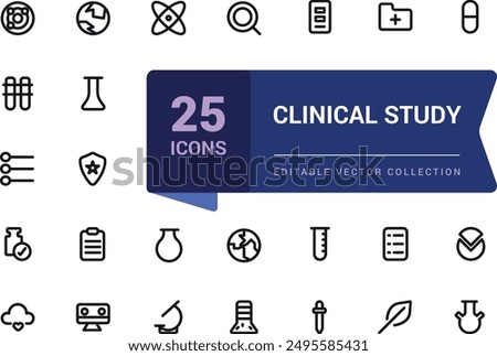Clinical study and research line icon set. Collection and pack of linear web and ui icons. Editable stroke. Vector illustration.