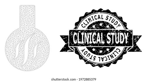 Clinical Study rubber seal print and vector chemical aroma mesh model. Black seal contains Clinical Study tag inside ribbon and rosette. Abstract flat mesh chemical aroma, built from flat mesh.