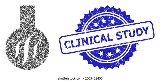Clinical Study textured stamp seal and vector recursive collage chemical aroma. Blue stamp seal has Clinical Study title inside rosette.