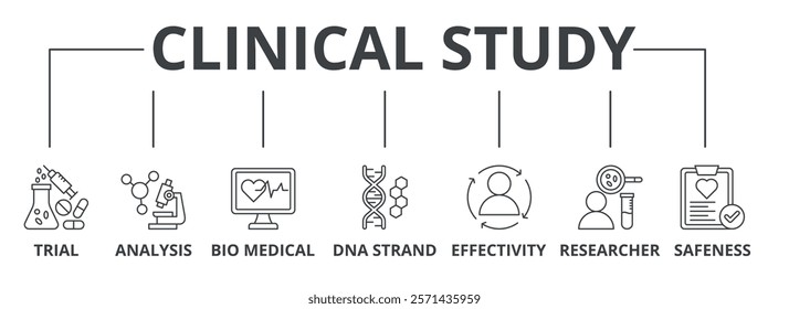 Clinical study with trial, analysis, bio medical, DNA strand, effectivity, researcher, safeness, icon concept illustration