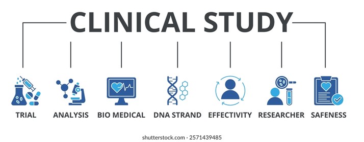 Clinical study with trial, analysis, bio medical, DNA strand, effectivity, researcher, safeness, icon concept illustration