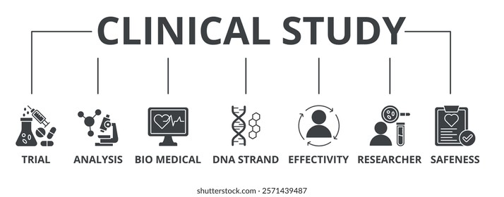 Clinical study with trial, analysis, bio medical, DNA strand, effectivity, researcher, safeness, icon concept illustration