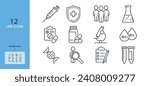 Clinical study, trials line icon set. Comparison group, test person,syringe, pills, microscope,test tubes, dna, test, prescription, Rh factor, blood vector illustration. Outline sing. Editable Stroke.