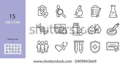 Clinical study, trials line icon set. Comparison group, test person,syringe, pills, microscope,test tubes, dna, test, prescription, Rh factor, blood vector illustration. Outline sing. Editable Stroke.