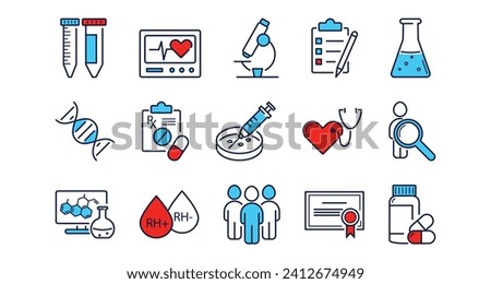 Clinical study, trials line icon set. Comparison group, test person,syringe, pills, microscope,test tubes, dna, test, prescription, Rh factor, blood vector illustration in blue and red.