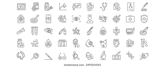 Klinische Studie, Testversionen, Forschungslinien-Icon-Set. Krankenhaus, Medizin, Gesundheitswesen, Gesundheitsversorgung, Krankheit, Behandlung, Forschung, Wissenschaft, Biologie, Chemie Patienten Vektorillustration.