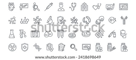 Clinical study, trials,research line icon set. Comparison group, test person,syringe, pills, microscope,test tubes, dna, test, prescription, Rh factor, blood vector illustration. Editable Stroke.
