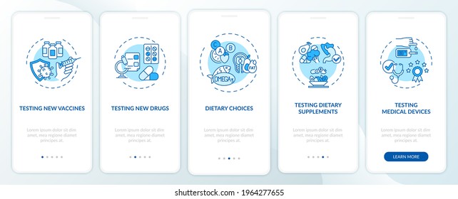 Clinical study types onboarding mobile app page screen with concepts. Supplements, vaccine testing walkthrough 5 steps graphic instructions. UI, UX, GUI vector template with linear color illustrations