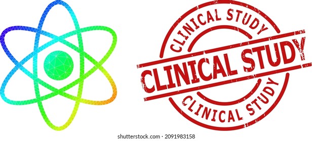 Clinical Study unclean stamp and lowpoly rainbow colored atom icon with gradient. Red stamp has CLINICAL STUDY title inside circle and lines shape. Triangulated atom polygonal icon illustration.