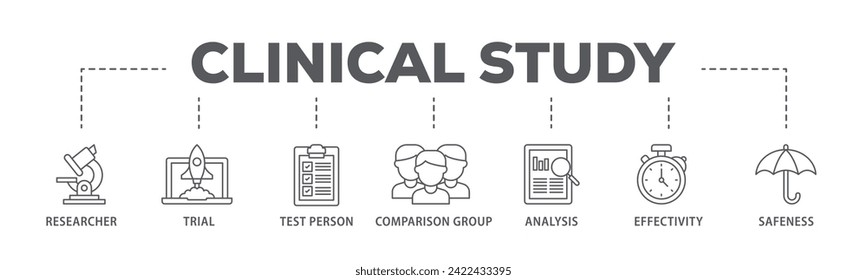 Clinical study web banner icon vector illustration concept consists of researcher, trial, test person, comparison group, analysis, effectivity, and safeness icon live stroke and easy to edit