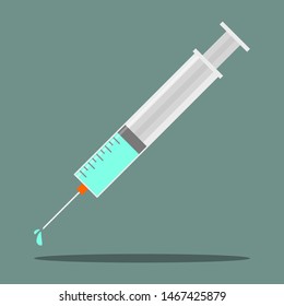 clinical syringe with hypodermic needle contains green liquid medicine or vaccine for injection. vector illustration