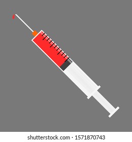 clinical syringe with hypodermic needle contains red liquid medicine or vaccine for injection. vector illustration
